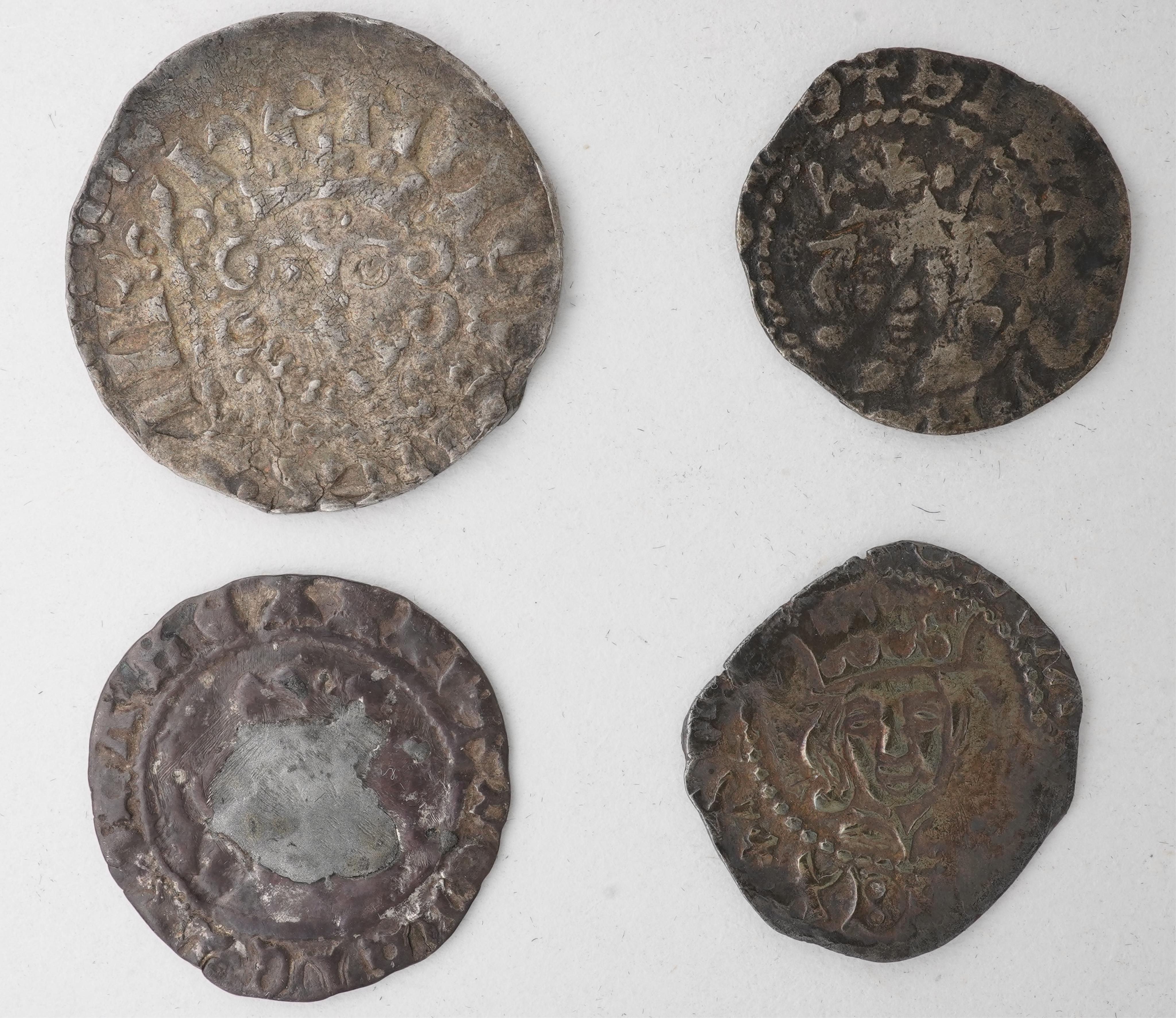 Four British hammered silver coins, Plantagenet kings, Houses of Lancaster and York, Henry III (1216-1272), Long Cross coinage, 1247-79, penny, 1.39g, Edward IV (1461-70), penny, mm. plain cross, 0.6g, Henry VI restored,